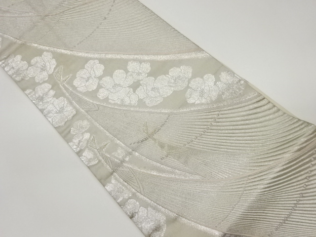 作家物　抽象鳥に花々模様織出し袋帯