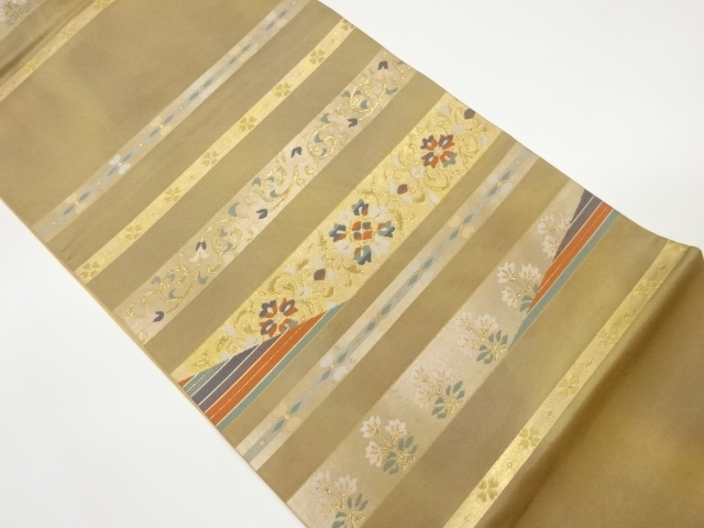 袋帯 草木染 本金箔 紙布 横段 華文 易かっ 草花 全通 24M261f