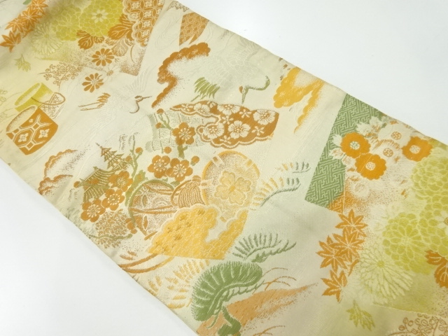 アンティーク　鼓に草花模様織出し名古屋帯（材料）