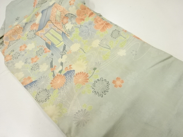 JAPANESE KIMONO / ANTIQUE NAGOYA OBI / SILK / MON KINSHA / CARRIAGE & FLOWER