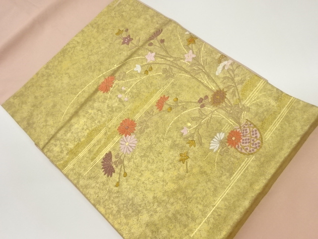 引箔花瓶に草花模様織出し名古屋帯