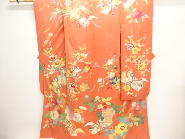 大正ロマン　錦紗熨斗の橘・菊模様刺繍五ツ紋振袖（長襦袢付き）