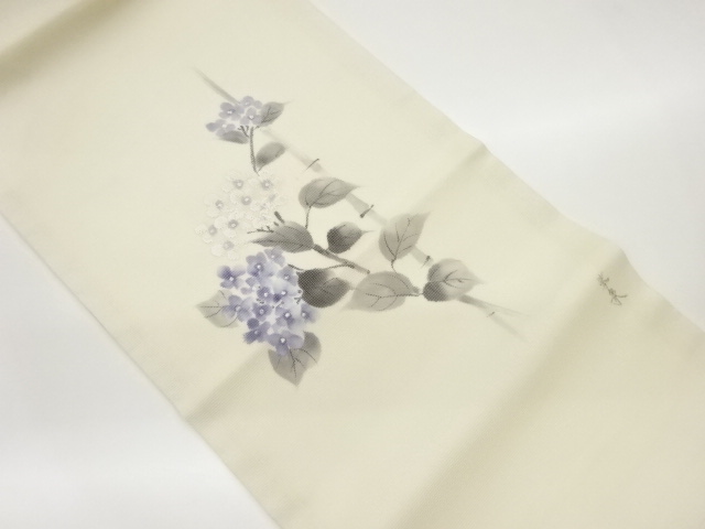 作家物　 紗 手描き紫陽花模様開き名古屋帯（額縁仕立て）