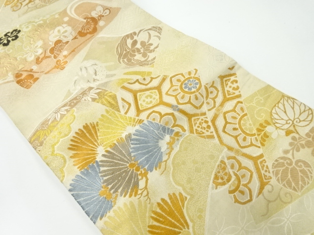 JAPANESE KIMONO / ANTIQUE NAGOYA OBI / WOVEN BOOK PATTERN & FLOWER