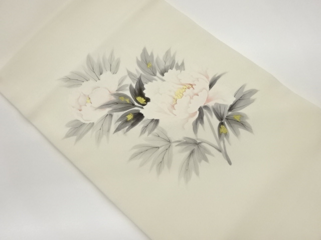 作家物　塩瀬金彩手描き牡丹模様名古屋帯（松葉仕立て）