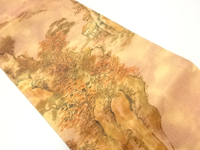 手描き家屋風景模様開き名古屋帯（額縁仕立て）