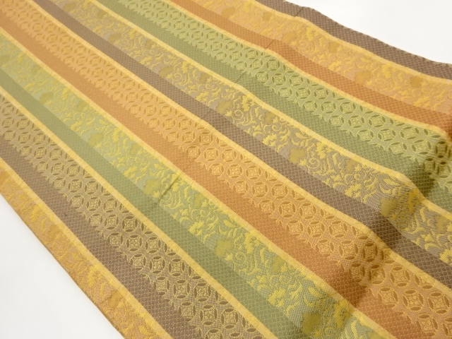 縞に花唐草・七宝模様織出し開き名古屋帯（額縁仕立て）