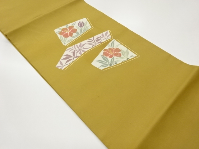 塩瀬金糸型染花葉に幾何学模様開き名古屋帯（額縁仕立て）