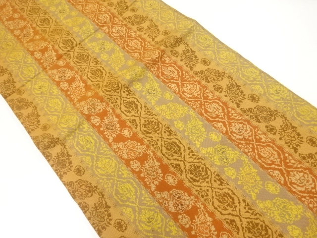 縞に花模様織出し開き名古屋帯（額縁仕立て）