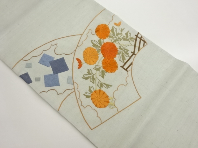 手織り紬地紙に菊・色紙散らし模様刺繍袋帯