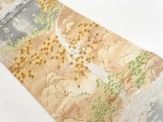 引箔岩山に滝・松・紅葉模様織出し袋帯
