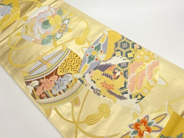 糸巻きに花々・鳳凰模様織出し袋帯