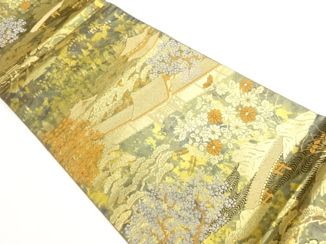 服部織物製　手工芸二重箔寺院に橋・松・紅葉模様織出し袋帯