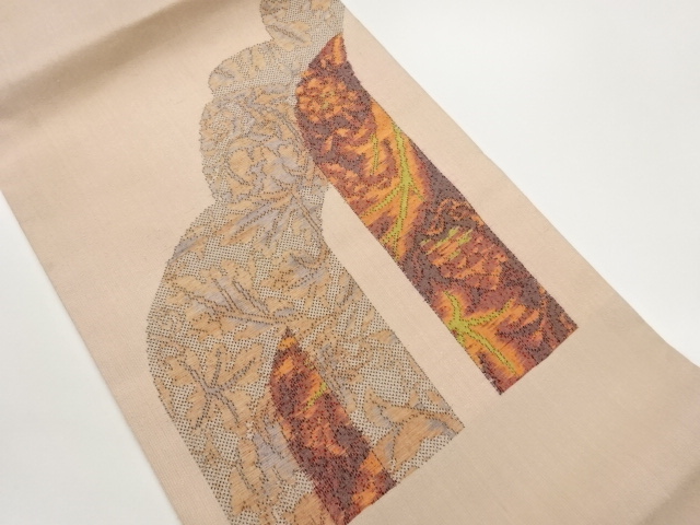 JAPANESE KIMONO / HONJO OSHIMA TSUMUGI ABSTRACT LEAF PATTERN WEAVING N