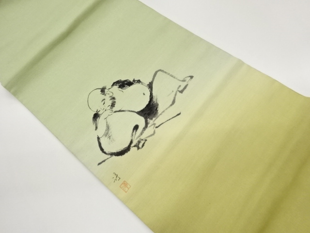 作家物　手織り紬手描き人物模様開き名古屋帯（額縁仕立て）