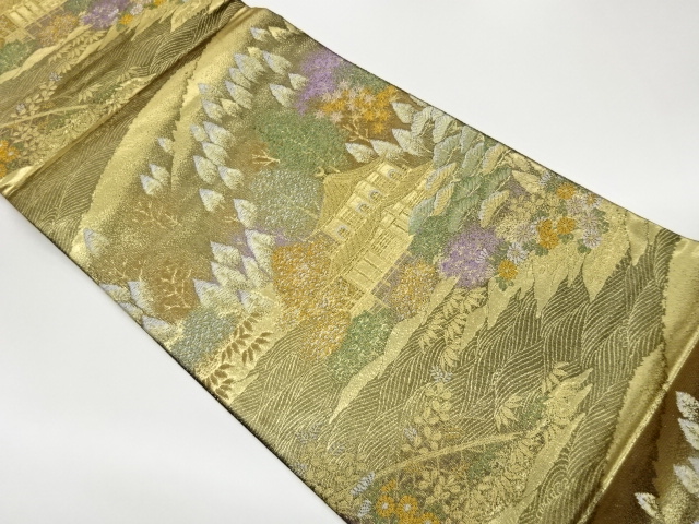 金閣寺に草花風景模様織出し袋帯