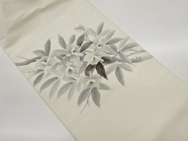 作家物　手織り紬金彩手描き花葉模様名古屋帯