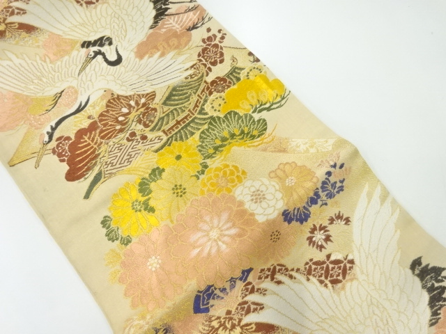 JAPANESE KIMONO / ANTIQUE MARU OBI / WOVEN CRANE & MANSIONS