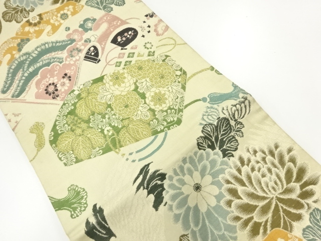 JAPANESE KIMONO / ANTIQUE MARU OBI / WOVEN BOX & BOOK PATTERN