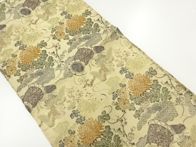 JAPANESE KIMONO / ANTIQUE MARU OBI / WOVEN FLOWER & BIRD