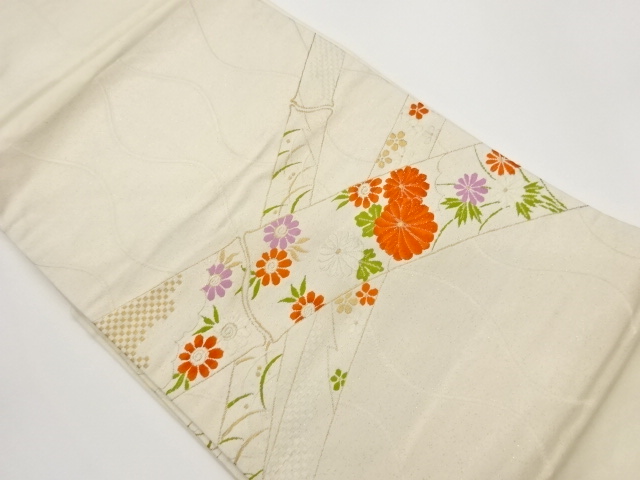 立涌・竹に花々・露芝模様織出し名古屋帯