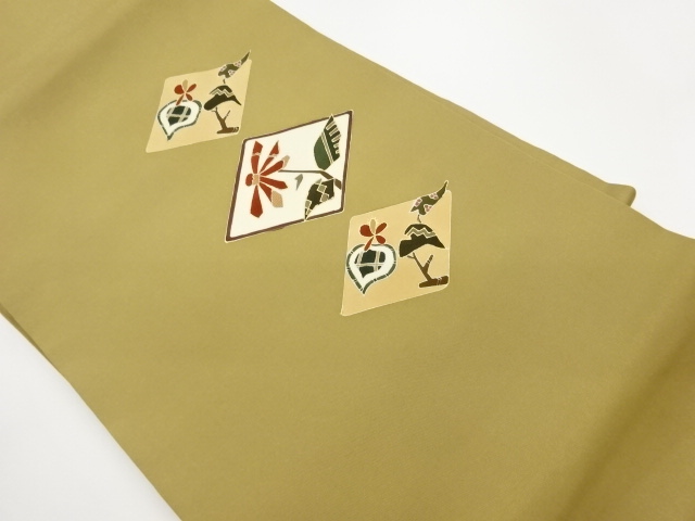 塩瀬金彩菱に花葉模様刺繍名古屋帯