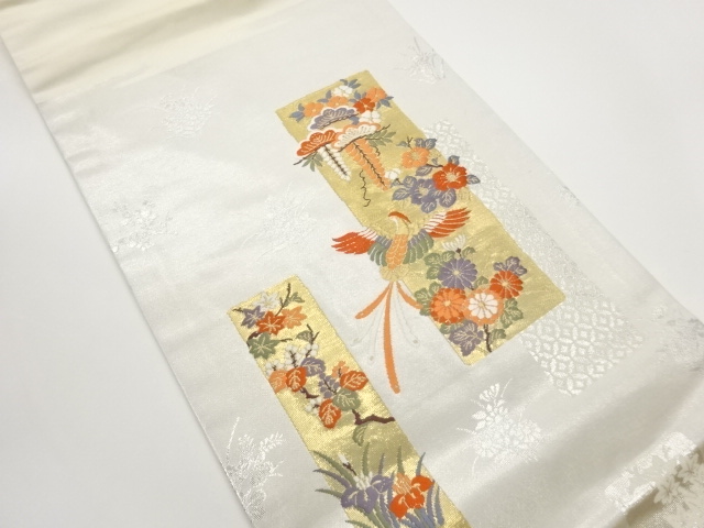 本金短冊に尾長鳥・松・花々模様織出し名古屋帯