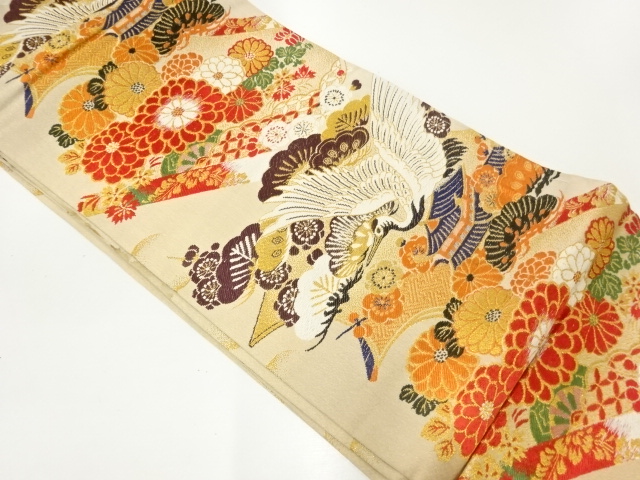 JAPANESE KIMONO / ANTIQUE MARU OBI / WOVEN CRANE WITH PINE & UME