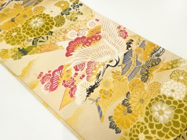 JAPANESE KIMONO / ANTIQUE MARU OBI / WOVEN PINE & UME WITH CRANE