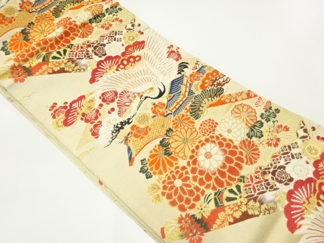 JAPANESE KIMONO / ANTIQUE MARU OBI / WOVEN PINE & UME WITH CRANE