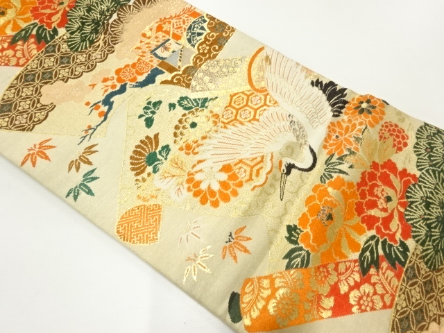 JAPANESE KIMONO / ANTIQUE MARU OBI / WOVEN PICTURE SCROLL & CRANE