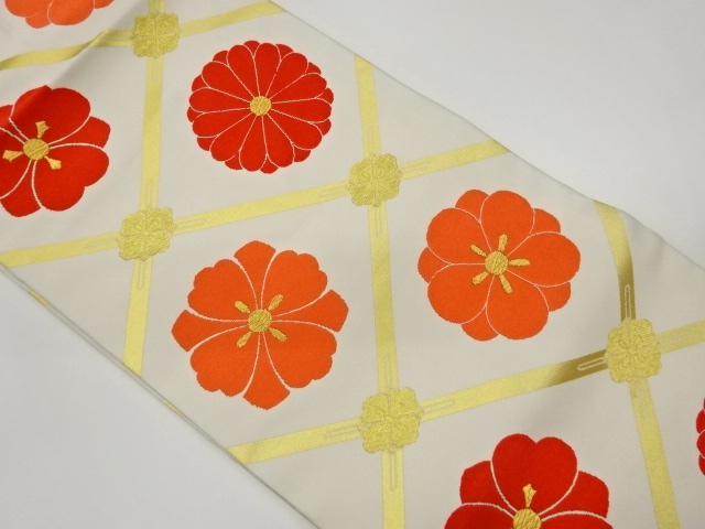 菱に花々模様織出し名古屋帯