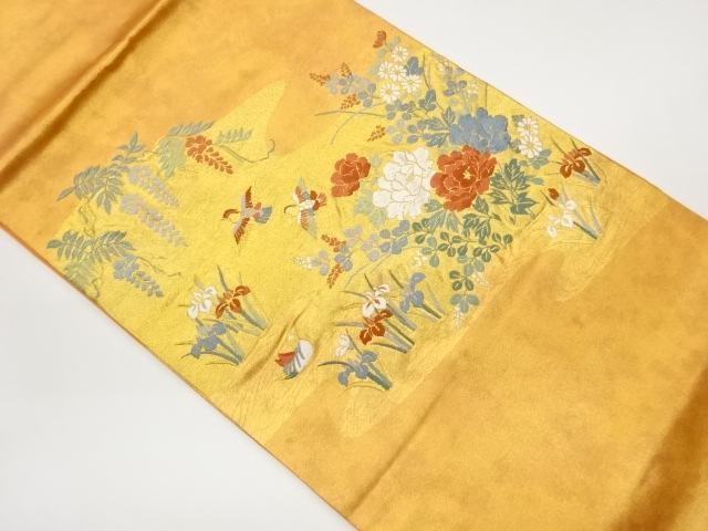 引箔鴛鴦に草花模様織出し名古屋帯