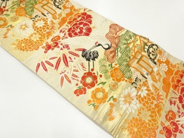 JAPANESE KIMONO / ANTIQUE MARU OBI / WOVEN FLOWERS & BIRDS