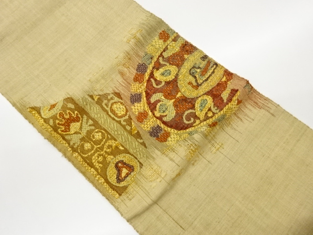 JAPANESE NAGOYA OBI / MAWATA TSUMUGI / WOVEN ABSTRACT FLOWER & BIRD