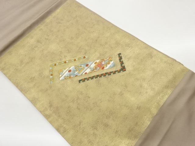 引箔短冊に向かい鳥・花々模様刺繍名古屋帯