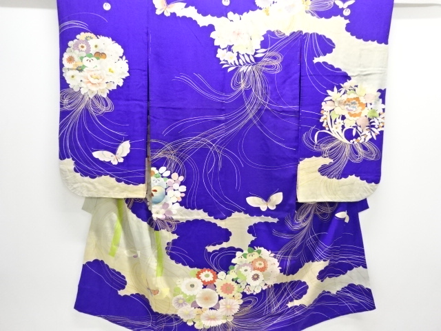 アンティーク　錦紗花薬玉に蝶模様刺繍五つ紋着物