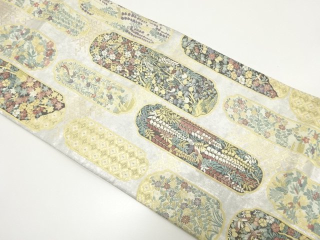 未使用品　金糸　花鳥に古典柄織り出し　袋帯