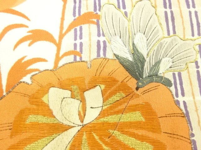 アンティーク　草花に蝶模様刺繍名古屋帯