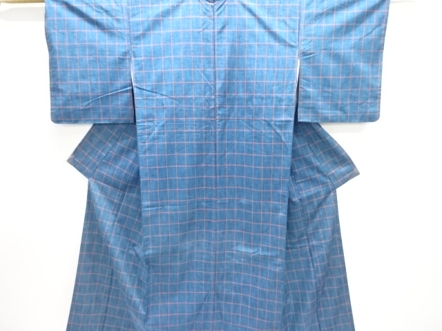 アンティーク　格子織り出し手織り紬着物