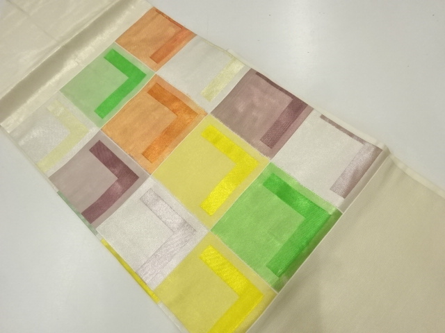 JAPANESE KIMONO / NAGOYA OBI / SILK / WOVEN GRID & ABSTRACT PATTERN