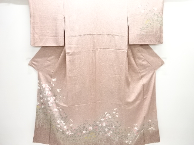 JAPANESE KIMONO / HOMONGI / SILK / HAND PAINTED YUZEN / SCATTERED NORI & FLORAL PLANTS