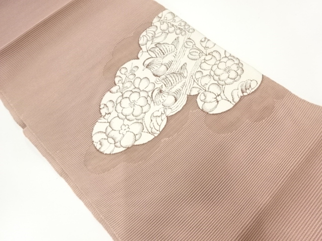 未使用品　絽綴れ　鴛鴦に梅模様織り出し名古屋帯