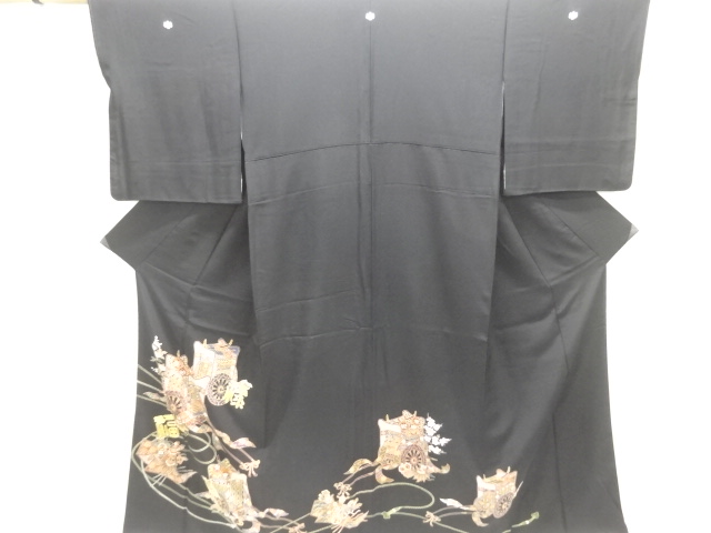 JAPANESE KIMONO / TOMESODE / SILK / EMBROIDERY / CARRIAGE & CHARACTERS