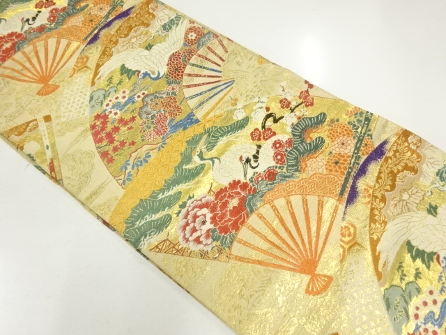 JAPANESE KIMONO / ANTIQUE MARU OBI / WOVEN FOLDING FAN & CRANES & FLORAL PLANTS