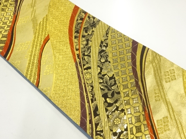 JAPANESE KIMONO / FUKURO OBI FOR FURISODE / SILK / WOVEN WAVE & CHINESE FLOWERS & SHIPPO
