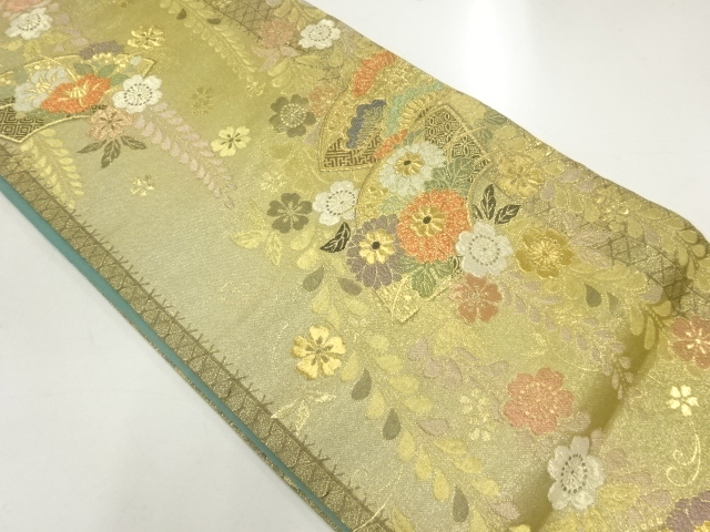JAPANESE KIMONO / FUKURO OBI FOR FURISODE / SILK / WOVEN JIGAMI & FLOWERS