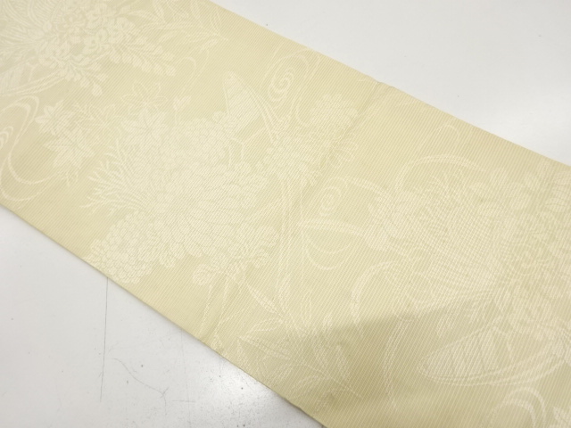 JAPANESE KIMONO / ANTIQUE MARU OBI FOR SUMMER / SILK / WOVEN STREAM & FLOWERS & BOAT