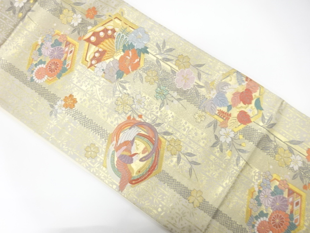 縞に蝶・花模様織り出し　袋帯