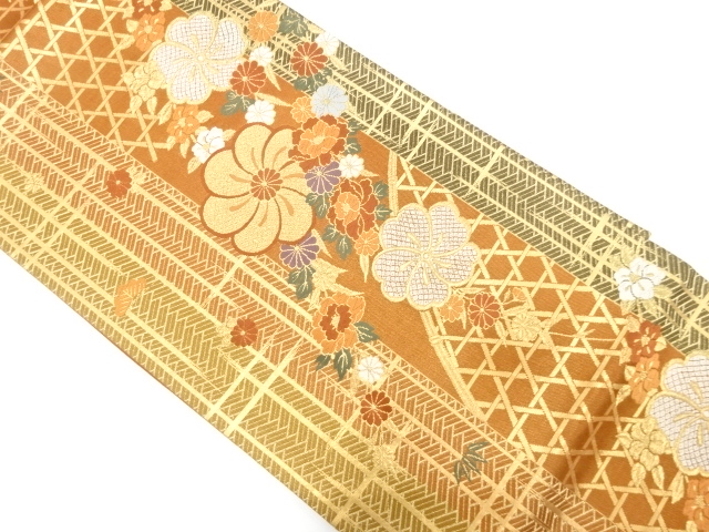 縞に籠目・花模様織り出し　袋帯